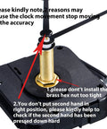 Close-up of Long Shaft Quartz Clock Movement With Hook And Jump Second showing installation tips and hex nut on shaft.
