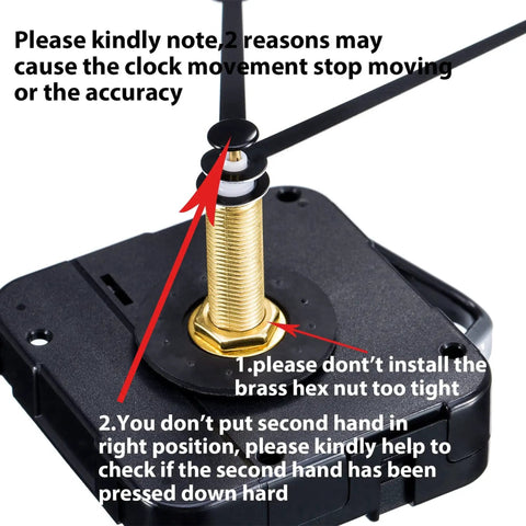 Close-up of Long Shaft Quartz Clock Movement With Hook And Jump Second showing installation tips and hex nut on shaft.