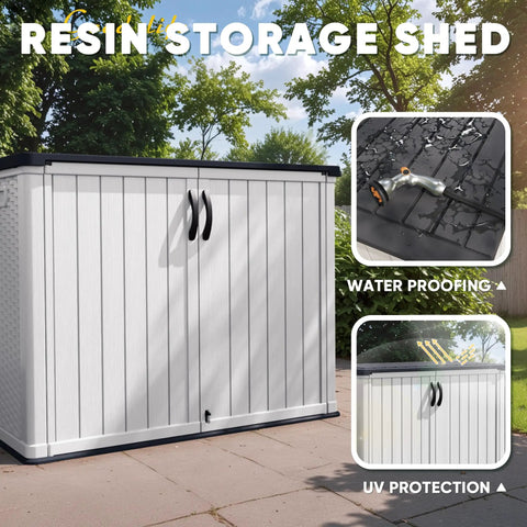 Outdoor Storage Cabinet 26 Cu Ft With Lockable Doors, Waterproof Patio Shed showing waterproof and UV protection features