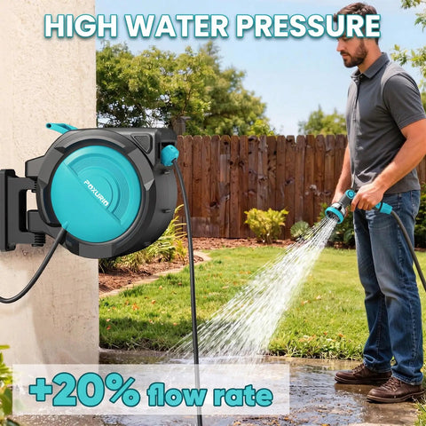 Heavy Duty Kink Free Auto Rewind Garden Hose Reel Half Inch, 160 Feet, Wall Mounted, used by person watering lawn