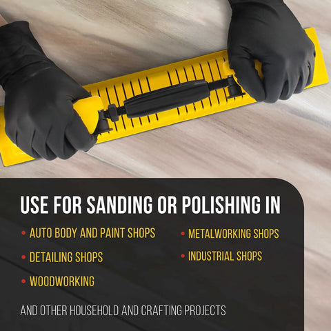 Person holding Adjustable Radius Flex Longboard Sanding Block With Dual Backing For Hook And Loop Or PSA Sheets Or Rolls.