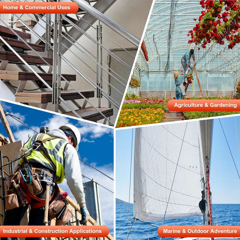 Collage of 304 Stainless Steel Batting Cage Cable Kit used in home railing, gardening, construction, and marine activities.