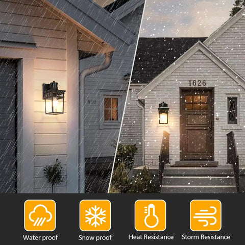 Motion Sensor Outdoor Wall Lantern With Remote, Dusk To Dawn Sensor, Four Modes, Glass Shade beside house entryway, lit in rain