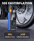On The Go Portable Tire Inflator Air Compressor With Digital Gauge 160 PSI near motorcycle wheel with display