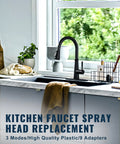 Heavy Duty Pull Down Kitchen Faucet Head Replacement Delivering Crisp Stream And Powerful Spray Nozzle With Nine Universal Adapter Kits For Moen Delta Kohler American Standard Matte Black Setup Zero Fuss Cleanup in a modern kitchen.