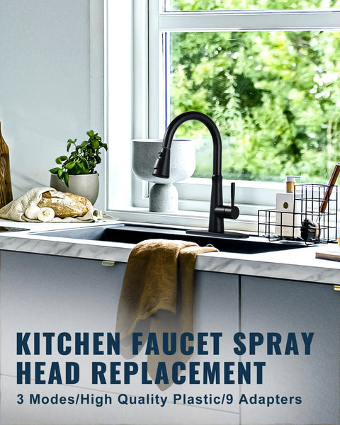 Heavy Duty Pull Down Kitchen Faucet Head Replacement Delivering Crisp Stream And Powerful Spray Nozzle With Nine Universal Adapter Kits For Moen Delta Kohler American Standard Matte Black Setup Zero Fuss Cleanup in a modern kitchen.