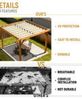 7' x 12' Retractable Wave Sun Shade Sail For Patio Porch Garden Backyard Beige Durable Breathable Polyethylene Fabric Blocks Intense Sun While Letting Breeze Through Easy Adjustable Outdoor Pergola Canopy Cover installed on pergola with comparison features.
