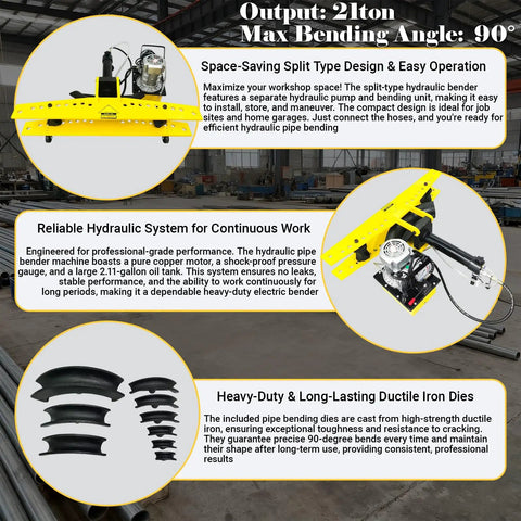 Heavy Duty Electrohydraulic Pipe Bender Machine For Steel Copper Round Tubes With Roller Hydraulic Design Bends 0.9 To 4.5 Inch Diameter Pipes Includes 10 Dies For 110V Power with yellow frame and hydraulic components.