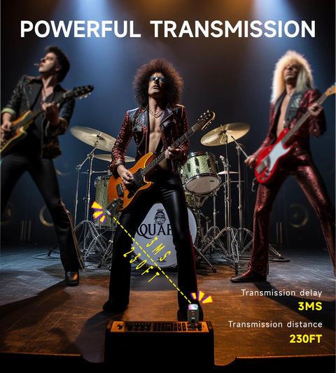 Rock band using RGB Lighting Wireless Guitar System With 230 Ft Range For Guitars And Basses on stage, showing powerful transmission.