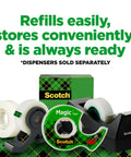 Invisible Magic Tape 4-Pack Refill Rolls 0.75 in x 1000 in with matte finish, office supply packaging and tape dispensers displayed
