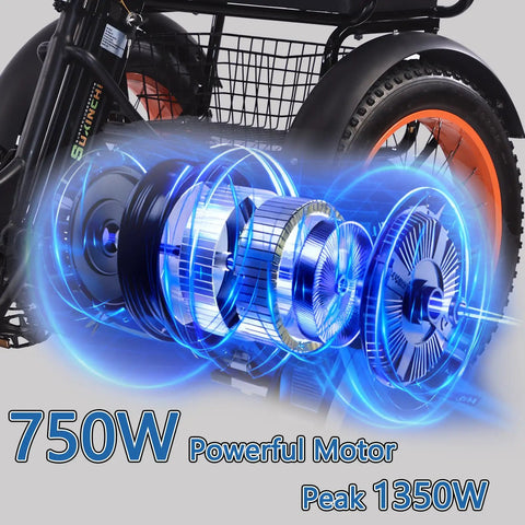 Foldable Fat Tire Electric Tricycle For Adults With 20x4.0 Fat Tires, 750W Motor, 48V 15Ah Removable Battery, Aluminum Frame, 3 Wheel Ebike, All Terrain Ready, 7 Speed, Built For Comfort On Sand Snow And City Streets, rear wheel motor detail