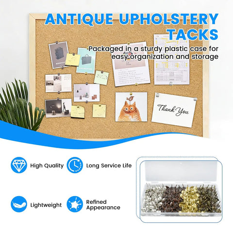 Top Tier Heavy Duty Antique Brass And Red Copper Upholstery Tacks With Classic Vintage Daisy Head Caps for easy organization in plastic case.