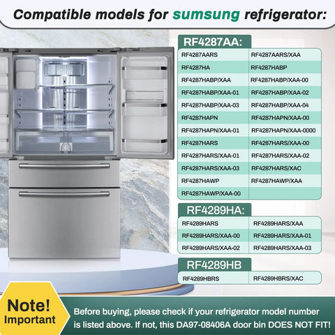 Right Side Refrigerator Door Bin Shelf Replacement for RF4287 RF4289, compatibility chart for Samsung models.