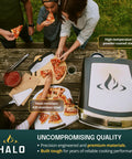 Versa 16 Pizza Oven with 16 Inch Rotating Stone in outdoor setting, showing stainless steel build and cooking pizza slices.
