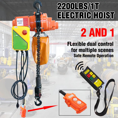 Electric orange chain hoist with hook and chain; 2200 lb capacity, wireless and wired remote controls.