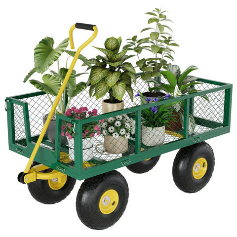 Heavy Duty Steel Garden Wagon Cart With 1400 Pound Capacity Three In One Convertible Utility Cart With 13 Inch Wheels And 180 Degree Handle Collapsible Outdoor Yard Trailer In Green And Yellow The Ultimate Workhorse carrying potted plants.