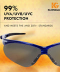 Close-up of Nemesis V30 Safety Glasses with smoke anti-fog lenses and blue metallic frame, highlighting 99% UVA/UVB/UVC protection.