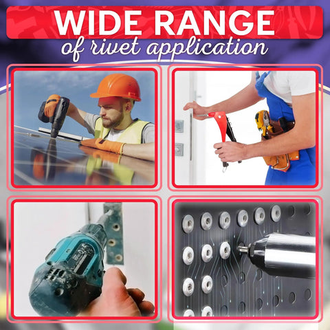 Wide range of rivet application images with workers using tools, emphasizing Heavy Duty Aluminum Long Rivets 3/16 X 1-1/2 Dome Head Blind Rivets With Long Grip 24 To 30 mm 25 Piece Set For Windows Doors Metal Auto Body Indoor Outdoor Use Corrosion Resistant