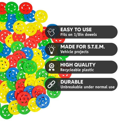 Bulk 100 Pack Small Plastic Wheels For Crafts And STEM Projects, Ideal For DIY Cars, Classroom Activities, And Craft Projects, Includes 4 Colors (25 Each), Durable Toy Wheels For Prototyping And Learning. Assorted plastic wheels for STEM vehicle projects