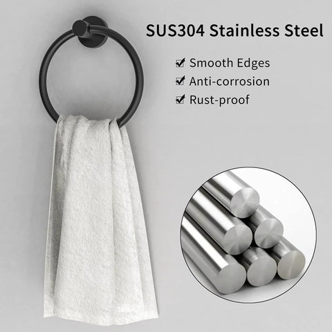 Matte Black Towel Ring And Hand Towel Holder For Bathroom And Kitchen, Modern Rounded Base Wall Mount In SUS304 Stainless Steel, Built To Last