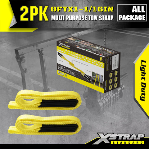Two Pack 1 Inch By 8 Foot Beefy Lift Slings With Wear Guard Ends shown with packaging in a workshop setting