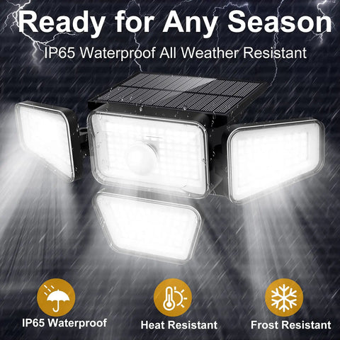 Cordless Outdoor Solar Flood Lights With 270 LED And 3000LM Motion Sensor IP65 Waterproof 4 Heads illuminated in rain