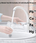 Heavy Metals Drinking Water Test Kit With Strips And eBook package listing elements tested in water, including lead, copper, iron, mercury.