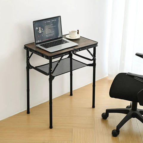 Foldable Picnic Table With Adjustable Heights Portable Camping Table Made Of Aluminum And Metal setup as a desk with laptop