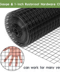 Heavy Duty 24 Inch By 100 Foot Black Hardware Cloth With One Inch Square Mesh showing rolled wire with hand for scale.
