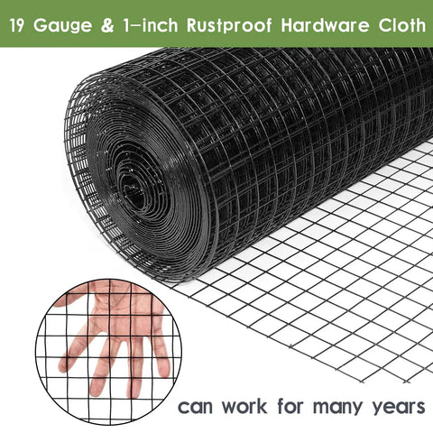 Heavy Duty 24 Inch By 100 Foot Black Hardware Cloth With One Inch Square Mesh showing rolled wire with hand for scale.