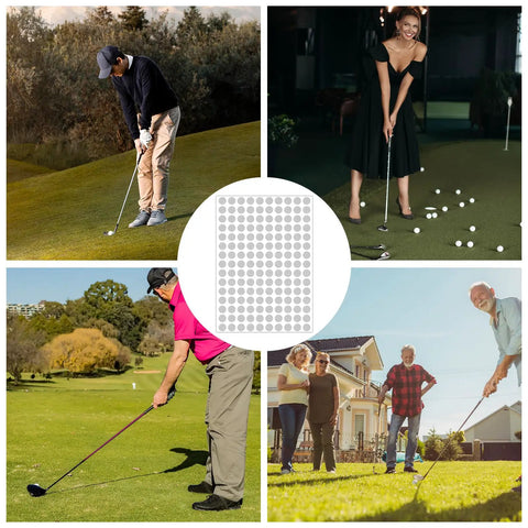 300 Pack White Reflective Dot Stickers For Golf Balls And Clubs, Tiny 0.65 Cm Dots For Launch Monitors, Simulators And High Speed Cameras, Waterproof PET, Built Tough For Serious Golfers shown being used by golfers.