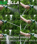 Demonstration of retractable garden hose reel with 9 pattern sprayer in use, water streams on green background