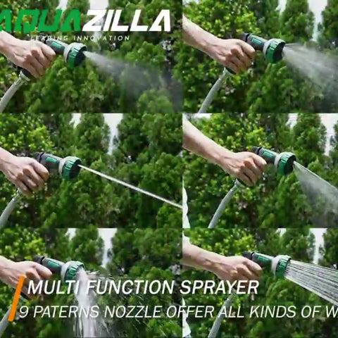 Demonstration of retractable garden hose reel with 9 pattern sprayer in use, water streams on green background