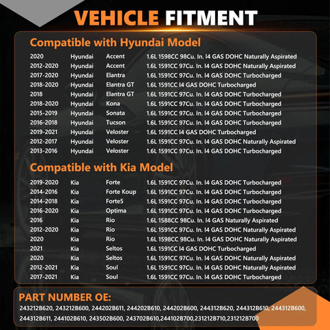 Vehicle fitment chart for Timing Chain Set With VVT Gear For 1.6L Kia And Hyundai Cars 2012 To 2020. Compatible models listed.