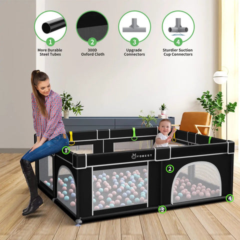 Big Baby Playpen 71x59 Inch With Gate, sturdy mesh, indoor toddler play pen activity center, shown with woman and baby inside.