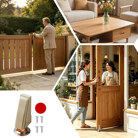 Heavy Duty Wooden Gate Wheels Featuring Ultra Silent Smooth Rolling Anti Sag Support Rollers For Sliding Door Sag Repair and Heavy Track Glides shown in use on wooden gates and doors.