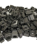 Heavy Duty 12-24 Threaded Cage Nuts For Server Equipment Cabinets 100 Pack Black Oxide Steel snap fasteners stacked in a pile.