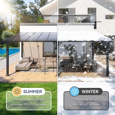 10 Ft By 20 Ft Lean To Gazebo With Hardtop Metal Pergola And Polycarbonate Roof installed on patio, summer and winter use.