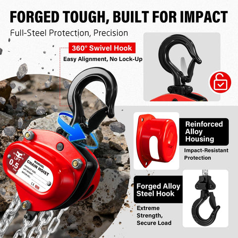 Half Ton Hand Chain Hoist For Garage And DIY Lifting, Compact Lightweight Manual Chain Block, 1100 Lbs Working Load