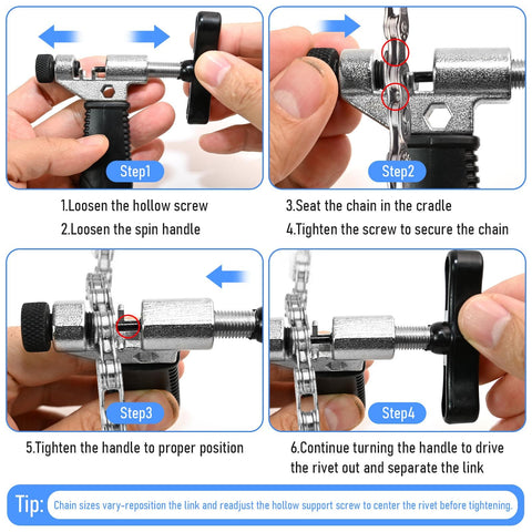 Step-by-step guide using Bike Chain Repair Tool Set With Chain Breaker Splitter For Easy Quick Fix On The Go Premium Hardened Steel Chain Tool For Cyclists Durable Ejector Pin Ergonomic Handle Fast Link Removal