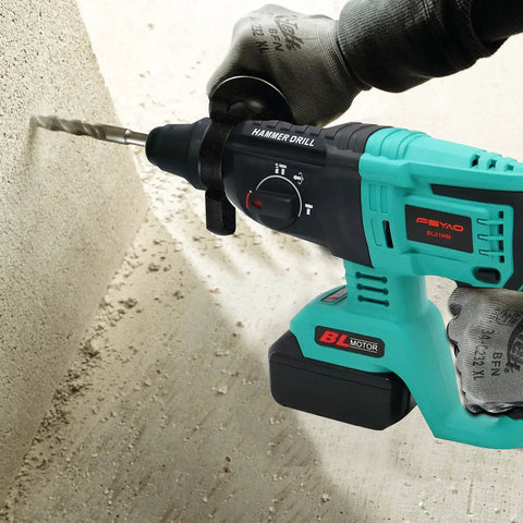 Close-up of 18V SDS Plus Brushless Cordless Rotary Hammer Drill With 3 Modes For Concrete And Stone Hammering Chiseling And Drilling