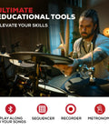 Man using Nitro Ultimate Electric Drum Set With Dual Zone Quiet Mesh Pads Movable Hi Hat 640 Authentic BFD Sounds And 52 Kits Bluetooth Drumeo USB MIDI Double Kick Compatible For Quiet Practice And Loud Jam Sessions in studio