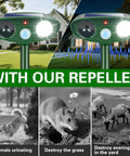 Two Pack Solar Ultrasonic Deer Deterrent With Motion Sensor And Bright LED Strobe For Outdoor Garden Yard Keeps Pests At Bay From Rabbits Raccoons Squirrels Skunks Foxes And Cats Waterproof Weatherproof on a lawn stake