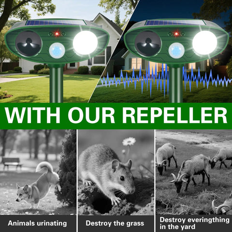 Two Pack Solar Ultrasonic Deer Deterrent With Motion Sensor And Bright LED Strobe For Outdoor Garden Yard Keeps Pests At Bay From Rabbits Raccoons Squirrels Skunks Foxes And Cats Waterproof Weatherproof on a lawn stake