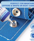 Zipper Lubricant For Plastic And Metal Zippers Silicone Grease With PTFE Marine Grade 2 Oz applied to boat canvas snaps.