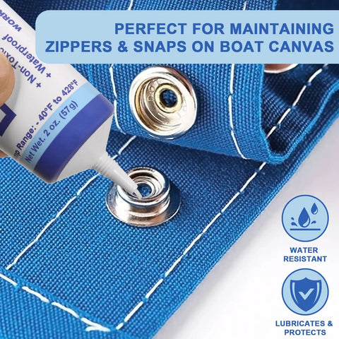 Zipper Lubricant For Plastic And Metal Zippers Silicone Grease With PTFE Marine Grade 2 Oz applied to boat canvas snaps.