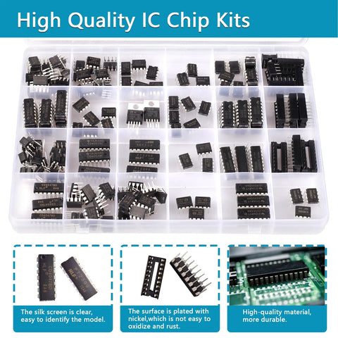 IC Chips Kit 173 Piece Op Amp ICs And Timer ICs Assortment With 12 Sockets and 20 Values organized in a clear plastic case