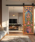 Handcrafted Wooden Sliding Barn Door With Peacock And Floral Design For Rustic Farmhouse Cabin Decor Hand Painted Distressed Wood Door For Mountain And Lake Homes