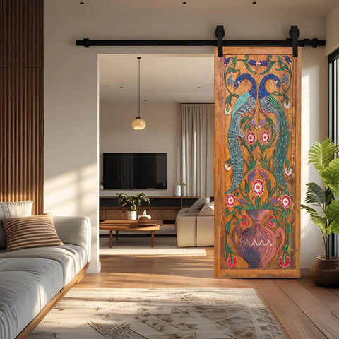 Handcrafted Wooden Sliding Barn Door With Peacock And Floral Design For Rustic Farmhouse Cabin Decor Hand Painted Distressed Wood Door For Mountain And Lake Homes