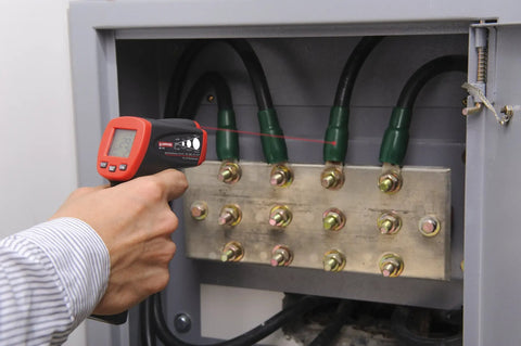 Using No Touch Infrared Thermometer With Ten To One Spot Ratio For Fast, Accurate Temperature Readings From A Distance on electrical panel